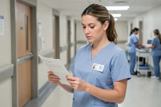 Aide soignante en blouse bleue consultant un document de promotion professionnelle dans un couloir hospitalier