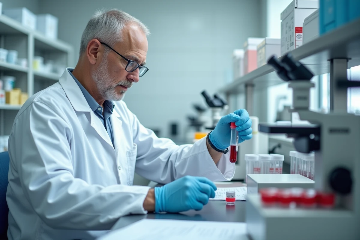 Technicien de laboratoire analysant des prises de sang dans le cadre du bilan des ganglions inguinaux