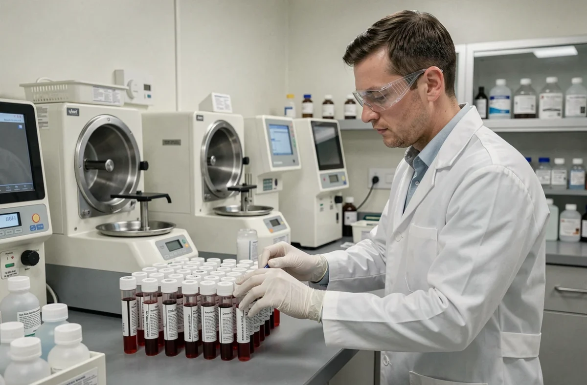 Technicien de laboratoire analysant des tubes de sang pour un dosage des Gamma GT dans un laboratoire hospitalier