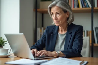 Femme consultant des avis clients sur son assurance ECA depuis un bureau à domicile en 2026