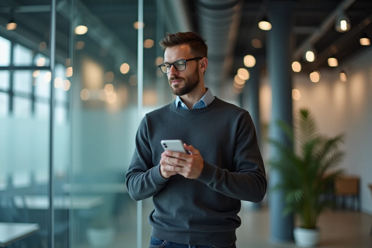Client vérifiant les récents avis ECA assurance sur smartphone dans une agence moderne