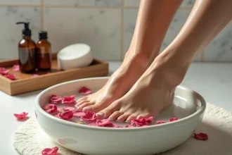 Bain de pieds dans une bassine en céramique avec pétales de rose et huiles essentielles pour traiter les ongles épais