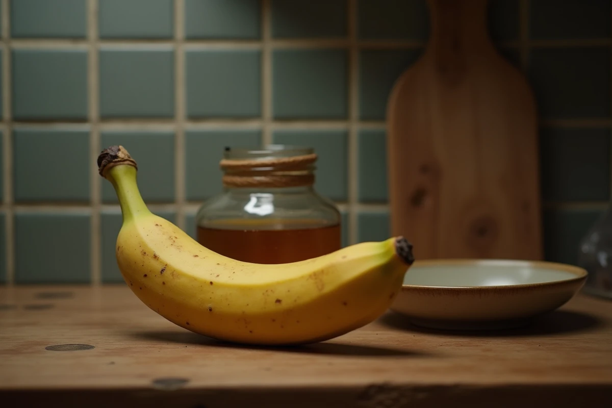 Banane mûre posée sur un comptoir en bois dans une cuisine calme le soir, évoquant une collation naturelle avant le coucher