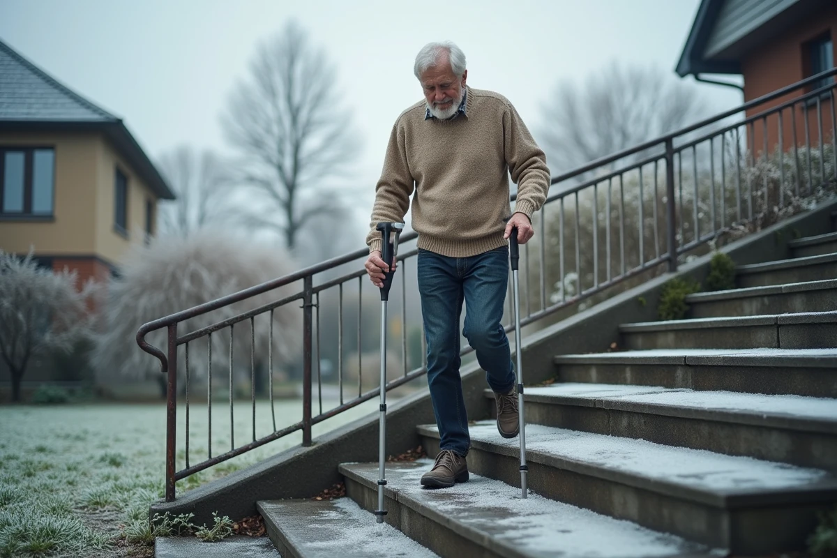 Personne âgée descendant des marches givrées avec une béquille, sécurité et équilibre en hiver