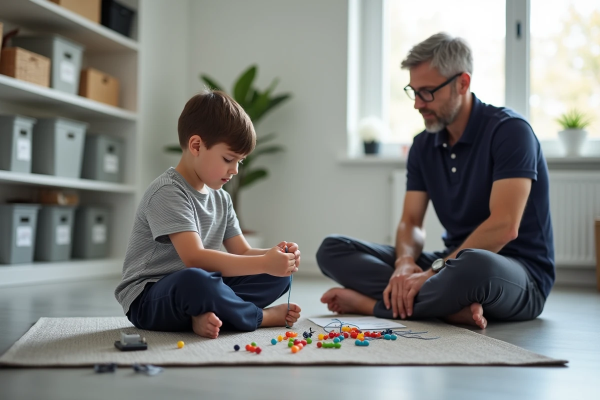 Garçon autiste en séance de bilan ergothérapeutique travaillant la motricité fine avec un thérapeute