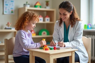 Jeune fille autiste réalisant un bilan ergothérapie avec une thérapeute dans une salle pédiatrique colorée