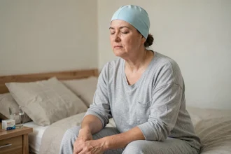Femme portant un bonnet anti-migraine gel bleu assis sur son lit en pyjama gris, expression apaisée, dans une chambre calme et épurée