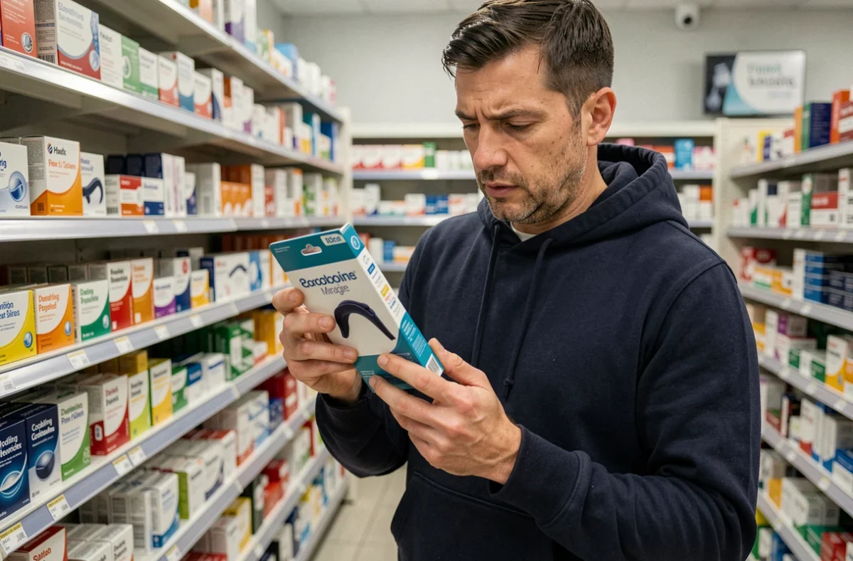 Homme tenant un bonnet anti-migraine dans un rayon de pharmacie, examinant l'emballage du produit avec une expression concentrée