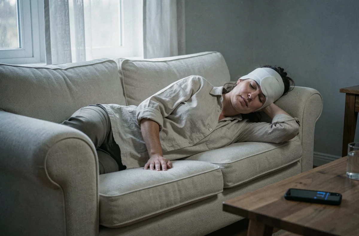 Femme allongée sur un canapé avec un bandeau anti-migraine blanc couvrant le front et les yeux, posture de repos dans un salon neutre