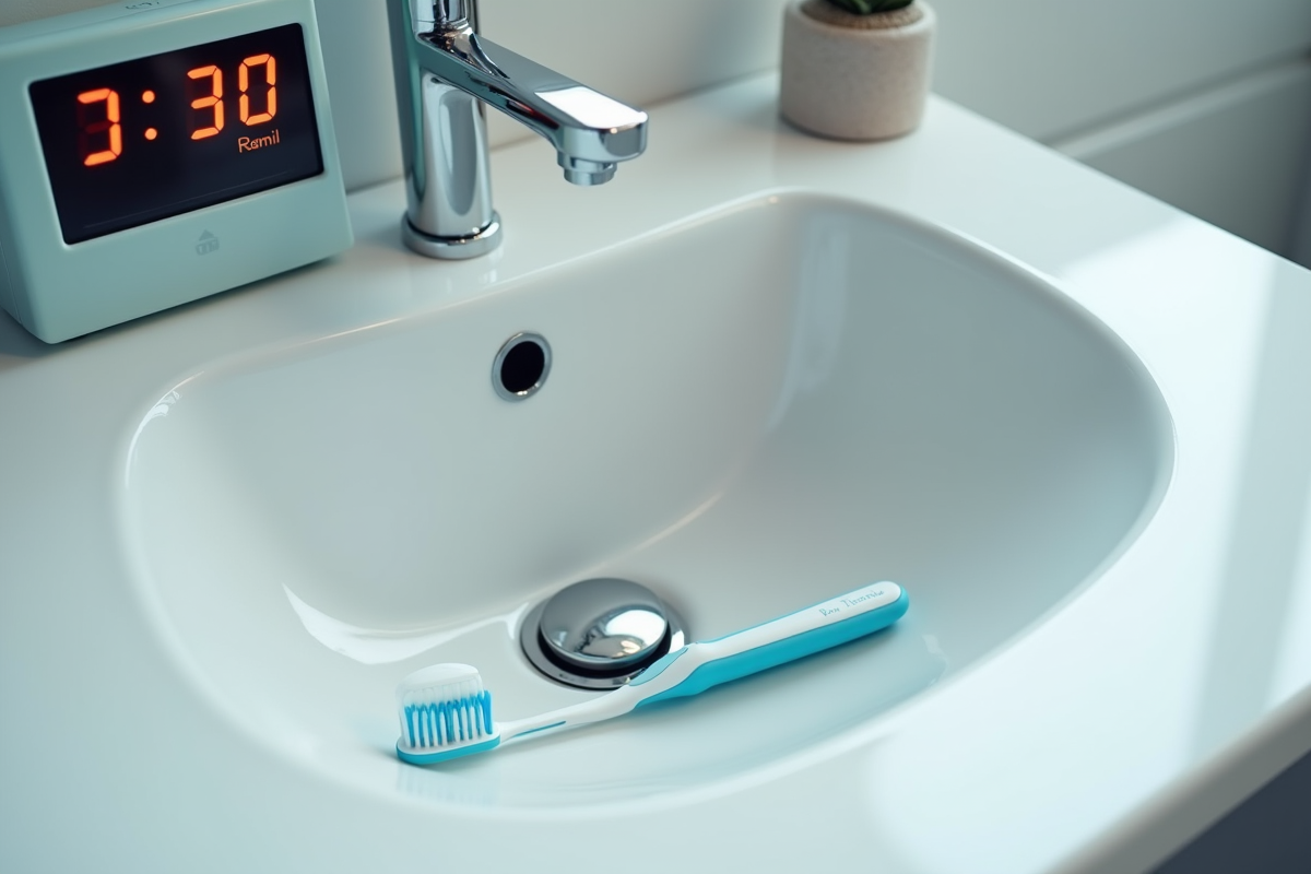 Brosse à dents et minuteur dans la salle de bain
