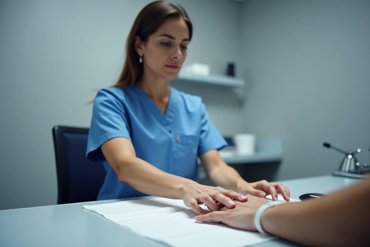 Infirmière examinant une brûlure au 2e degré sur le doigt d'un patient dans une salle de consultation médicale