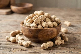 Bol en bois rempli de cacahuètes crues non décortiquées sur une table en chêne rustique
