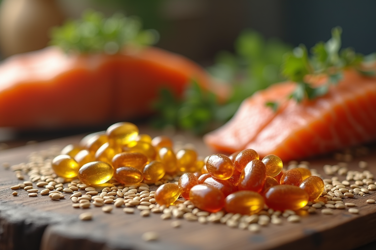 Piles de capsules d Omega 3 et 369 avec graines de lin et poisson