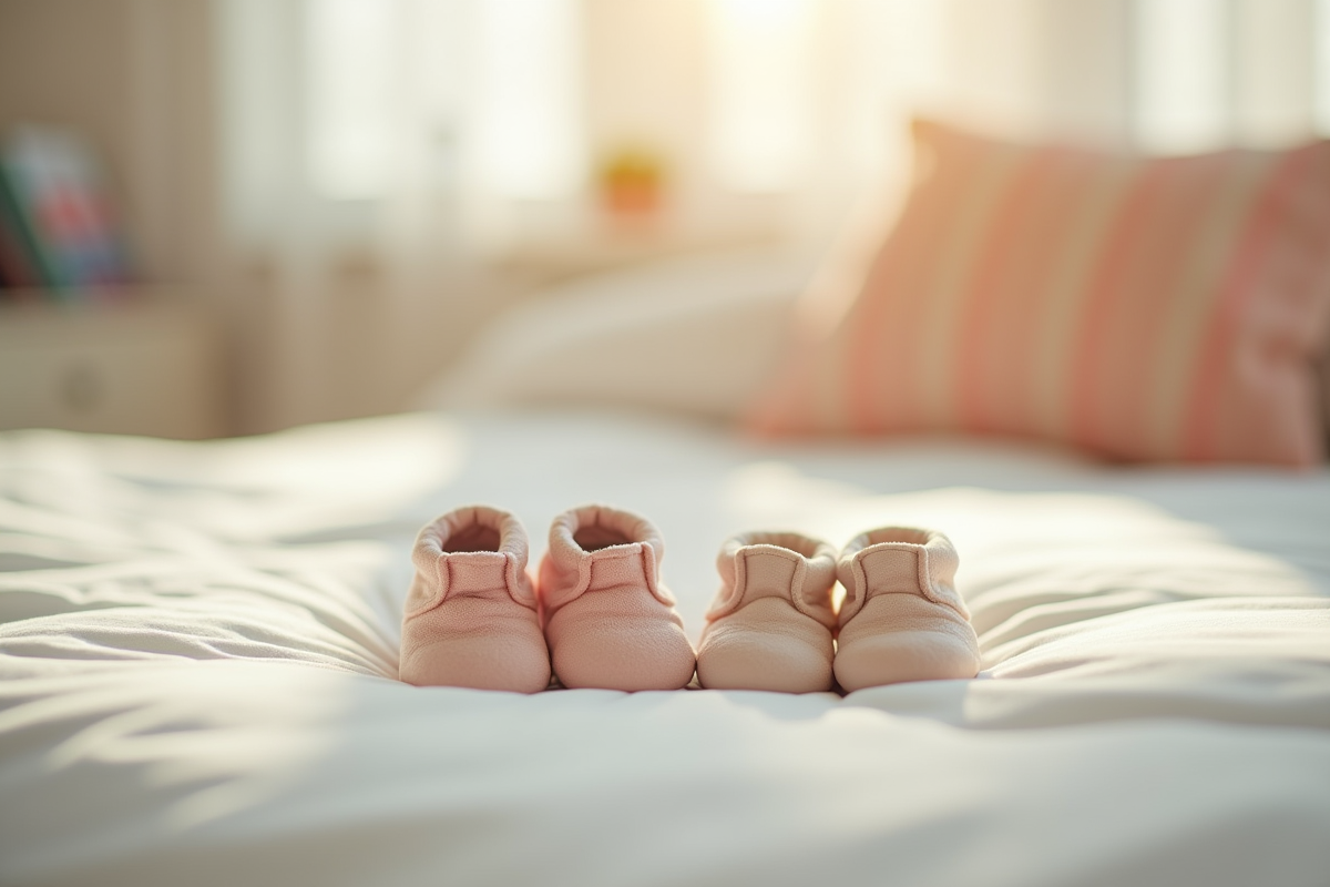Petits chaussons de bébé sur un lit avec livres de grossesse