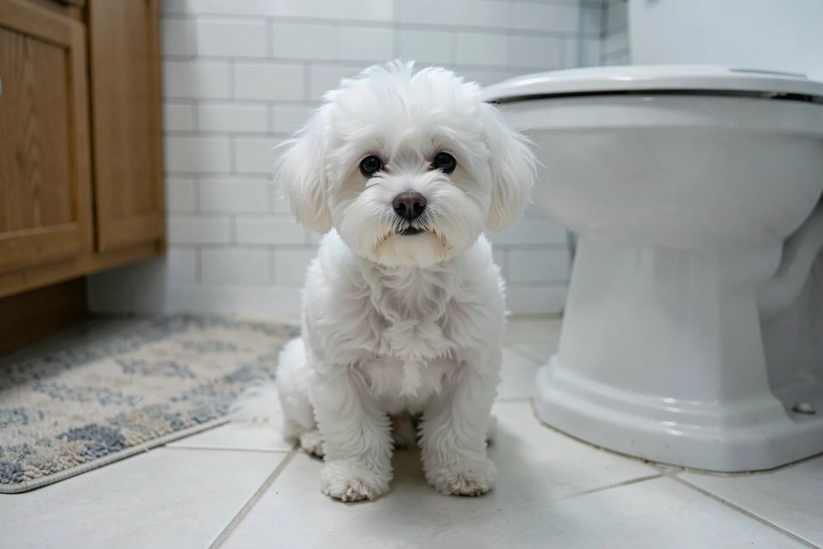 Petit chien blanc assis sur le sol de la salle de bain, illustrant les problèmes digestifs et les odeurs anormales chez les animaux de compagnie