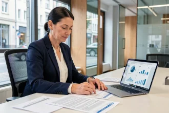 Femme comparant des offres d'assurance ECA et concurrentes sur des documents imprimés dans un bureau moderne