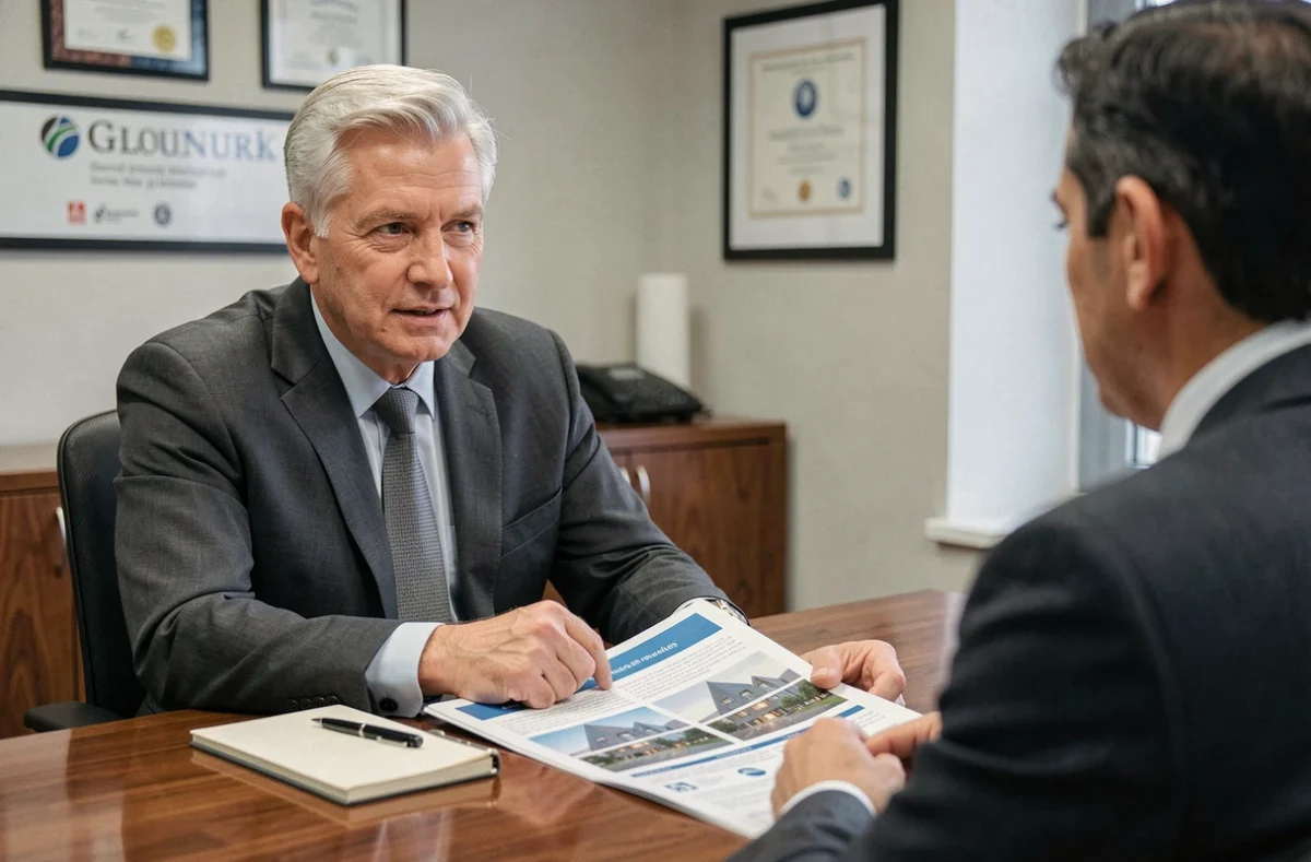 Conseiller en assurance présentant une comparaison entre l'ECA et d'autres compagnies d'assurance à un client en agence