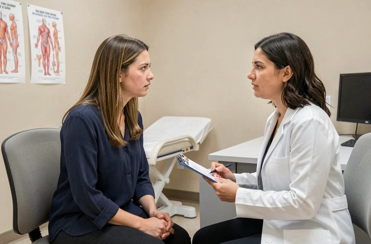 Femme consultant une gynécologue dans un cabinet médical pour absence de règles malgré un test de grossesse négatif