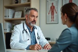 Médecin expliquant les examens à réaliser pour les ganglions inguinaux lors d'une consultation médicale