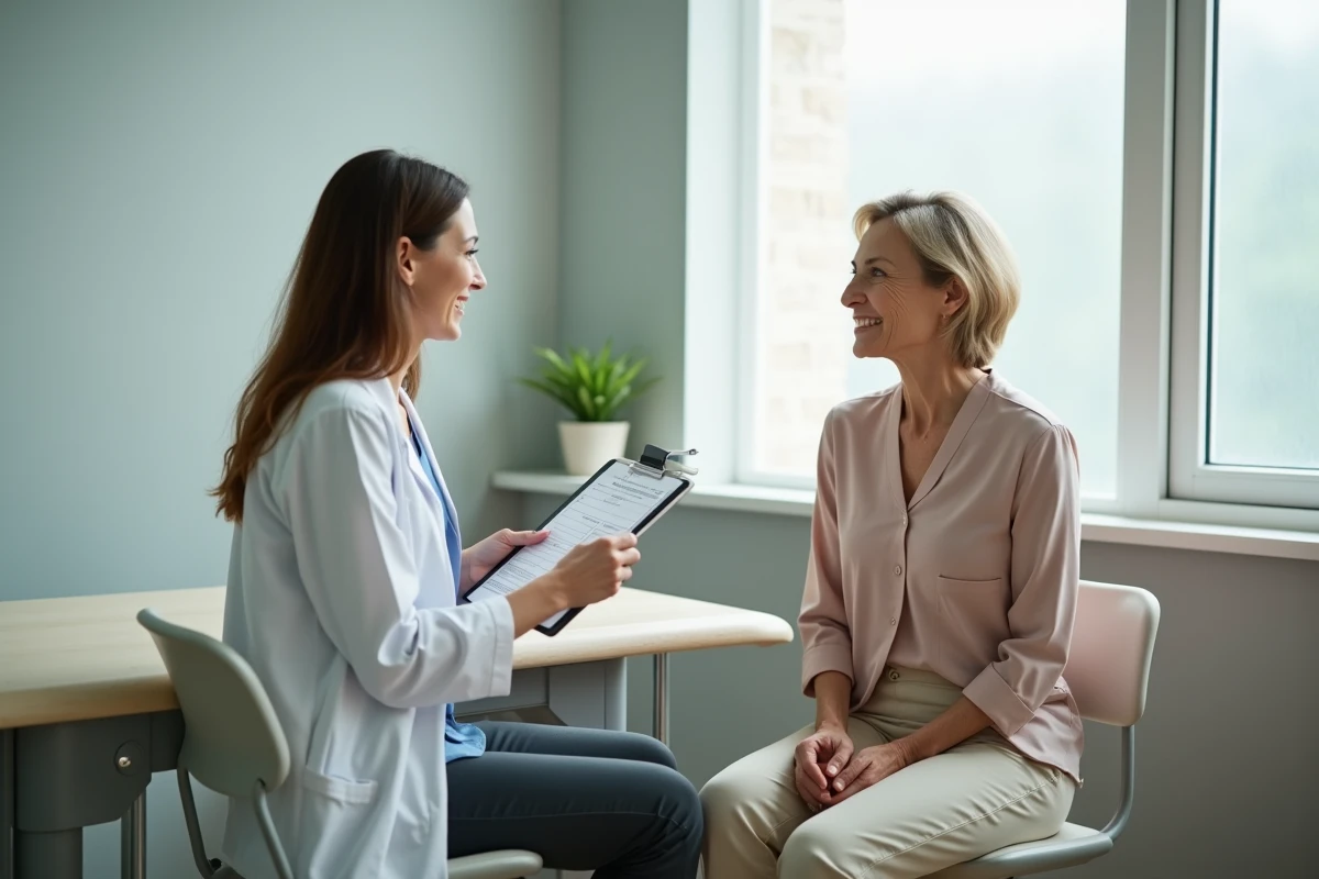 Femme en consultation médicale discutant de sa guérison de névralgie pudendale avec une professionnelle de santé dans un cabinet médical calme