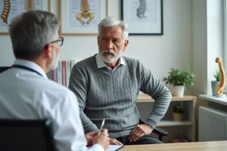 Patient âgé en consultation médicale discutant d'un diagnostic d'ostéophytose avec un médecin spécialiste