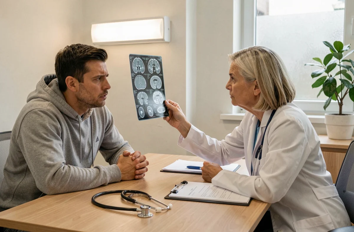 Patient et médecin examinant ensemble un scanner des sinus lors d'une consultation médicale