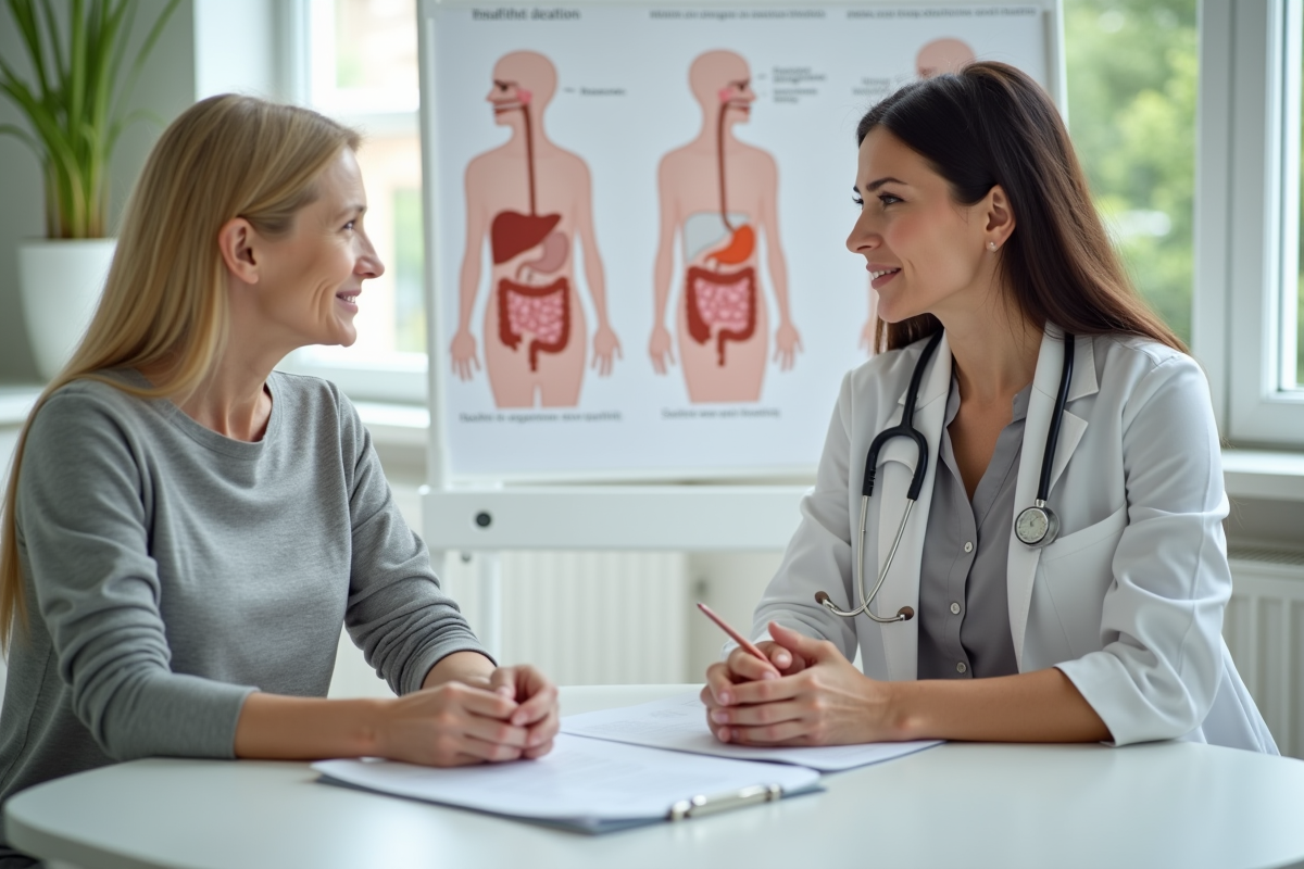 Nutritionniste avec patient et diagrammes digestifs
