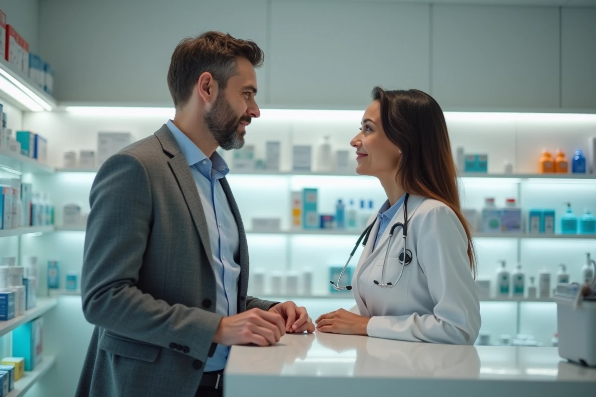 Homme consultant une pharmacienne en pharmacie pour des conseils sur la constipation et les remèdes disponibles