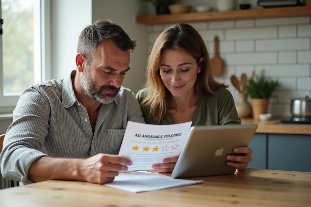 Couple étudiant les avis récents de l'assurance ECA ensemble à la maison en 2026
