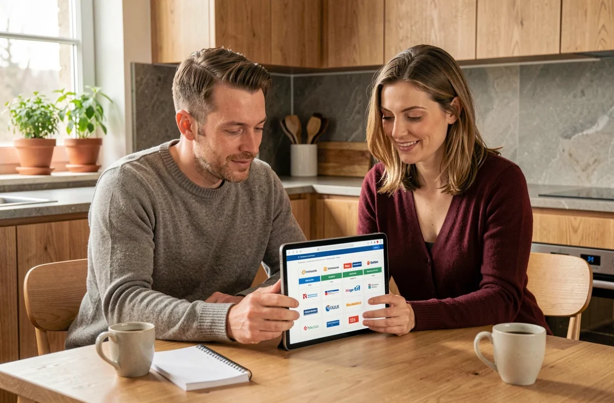 Couple consultant un comparateur d'assurances en ligne incluant l'assurance ECA sur une tablette à la maison