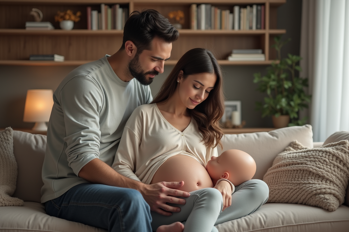 Couple préparant la naissance avec mannequin dans un salon chaleureux