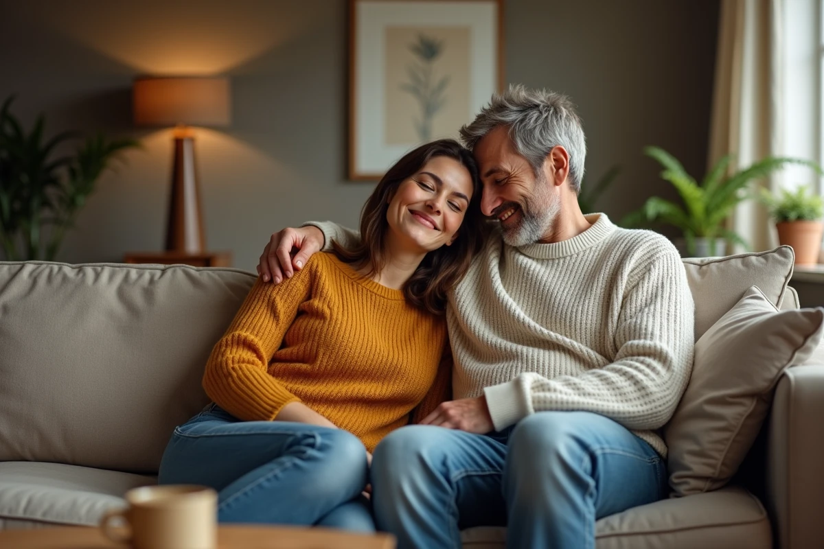 Couple souriant ensemble sur un canapé, évoquant la reprise d'une vie intime épanouie après traitement de névralgie pudendale