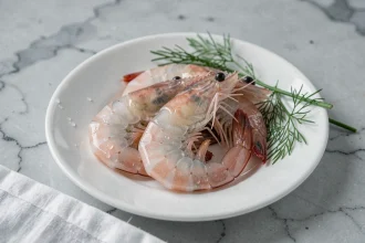Crevettes roses crues sur une assiette en céramique blanche avec de l'aneth frais, vue de dessus en gros plan