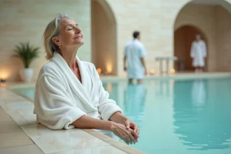 Femme en cure thermale neurologique dans un bassin de soins d'un établissement thermal français