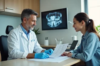 Dentiste expliquant une radio dentaire et un devis à une patiente dans un cabinet dentaire moderne
