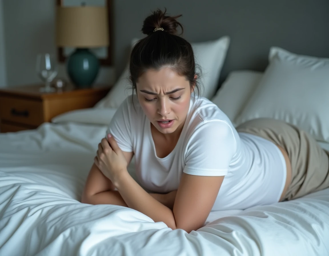 Jeune femme allongée en position fœtale sur un lit tenant son abdomen représentant la douleur aiguë du pancréas