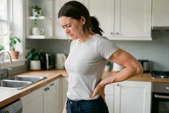 Femme tenant son bas du dos droit avec une expression de douleur dans une cuisine moderne