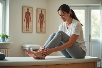 Femme tenant le bord extérieur de son pied douloureux dans une clinique de kinésithérapie, illustrant la douleur liée au nerf sural