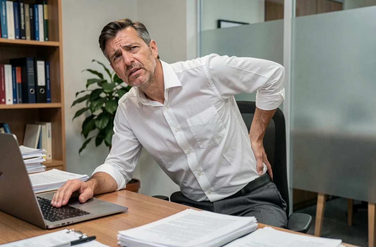 Homme en costume assis à son bureau souffrant d'une douleur dans le bas du dos côté droit