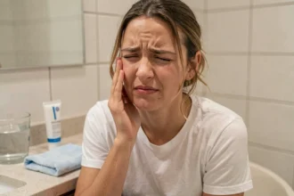 Jeune femme se tenant la joue en raison d'une douleur à la gencive causée par une dent de sagesse gonflée