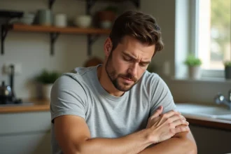 Homme tenant son bras gauche douloureux assis dans une cuisine, expression de gêne musculaire