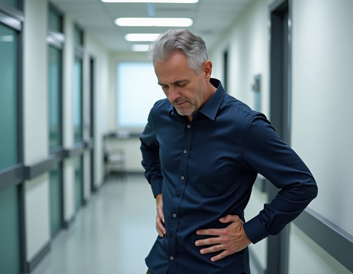 Homme d'âge mûr dans un couloir médical avec douleur irradiant vers le dos et l'abdomen gauche symptôme pancréatique
