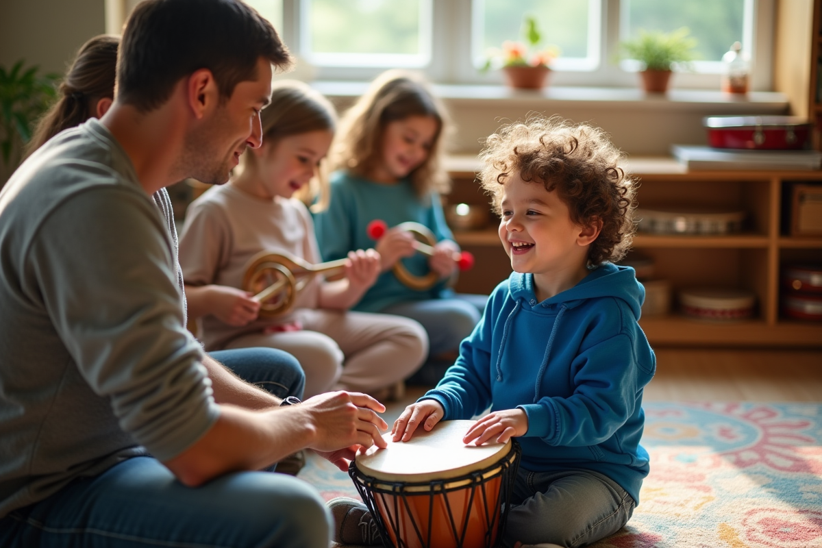Jeune garçon jouant du tambour dans une classe lumineuse