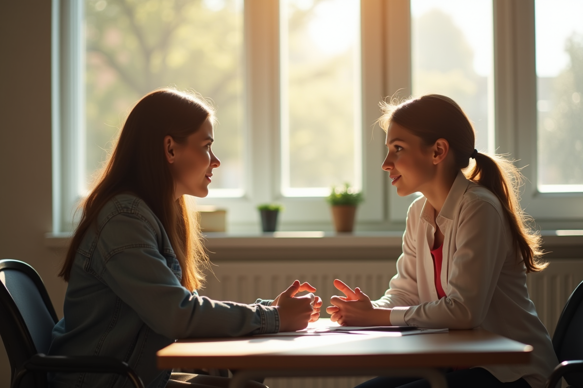Jeune et conseiller scolaire en conversation chaleureuse