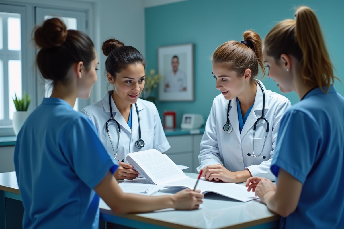 Equipe d infirmiers discutant autour du poste de soins
