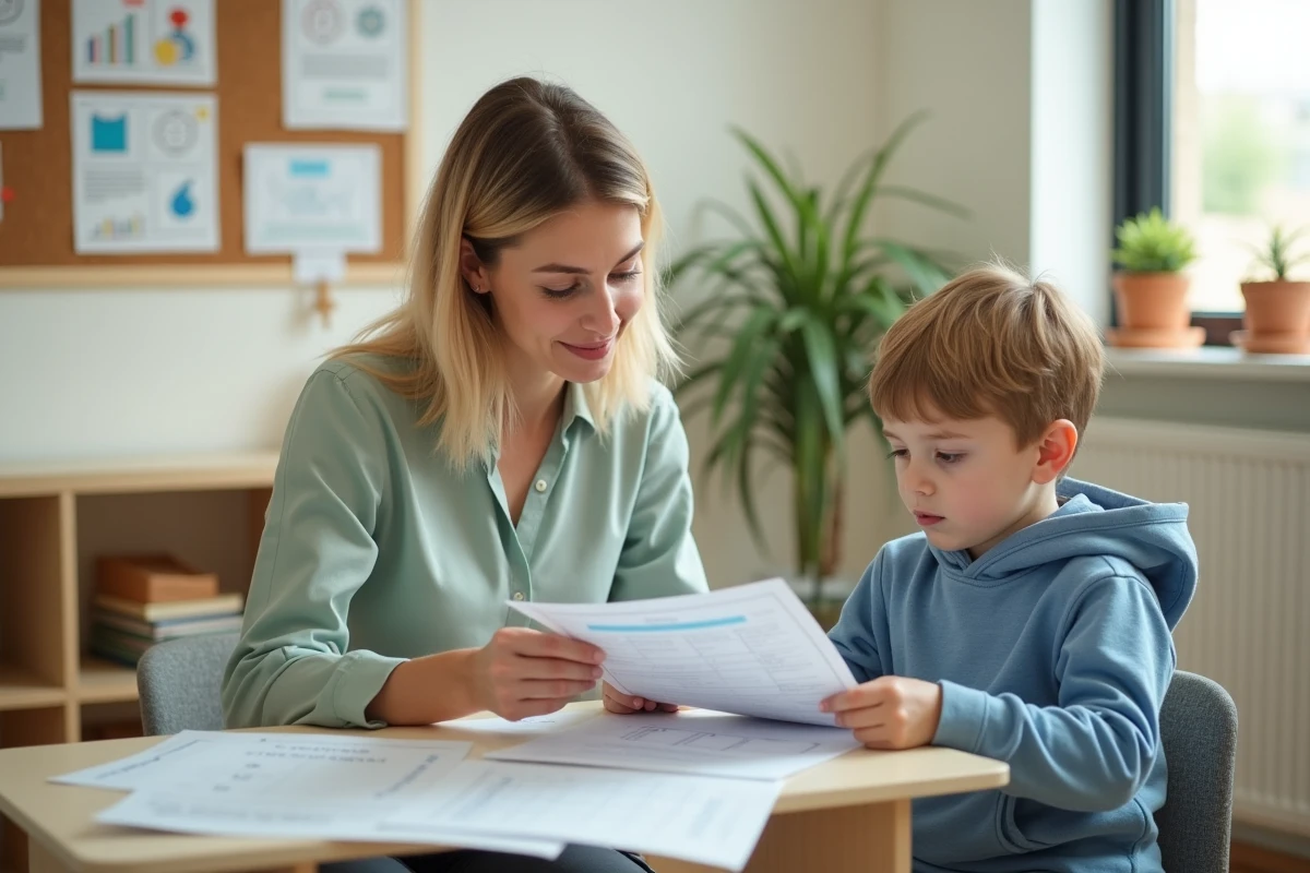 Ergothérapeute réalisant un bilan d'évaluation avec un enfant autiste à partir de documents illustrés