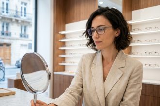 Femme essayant des lunettes rectangulaires chez un opticien parisien moderne