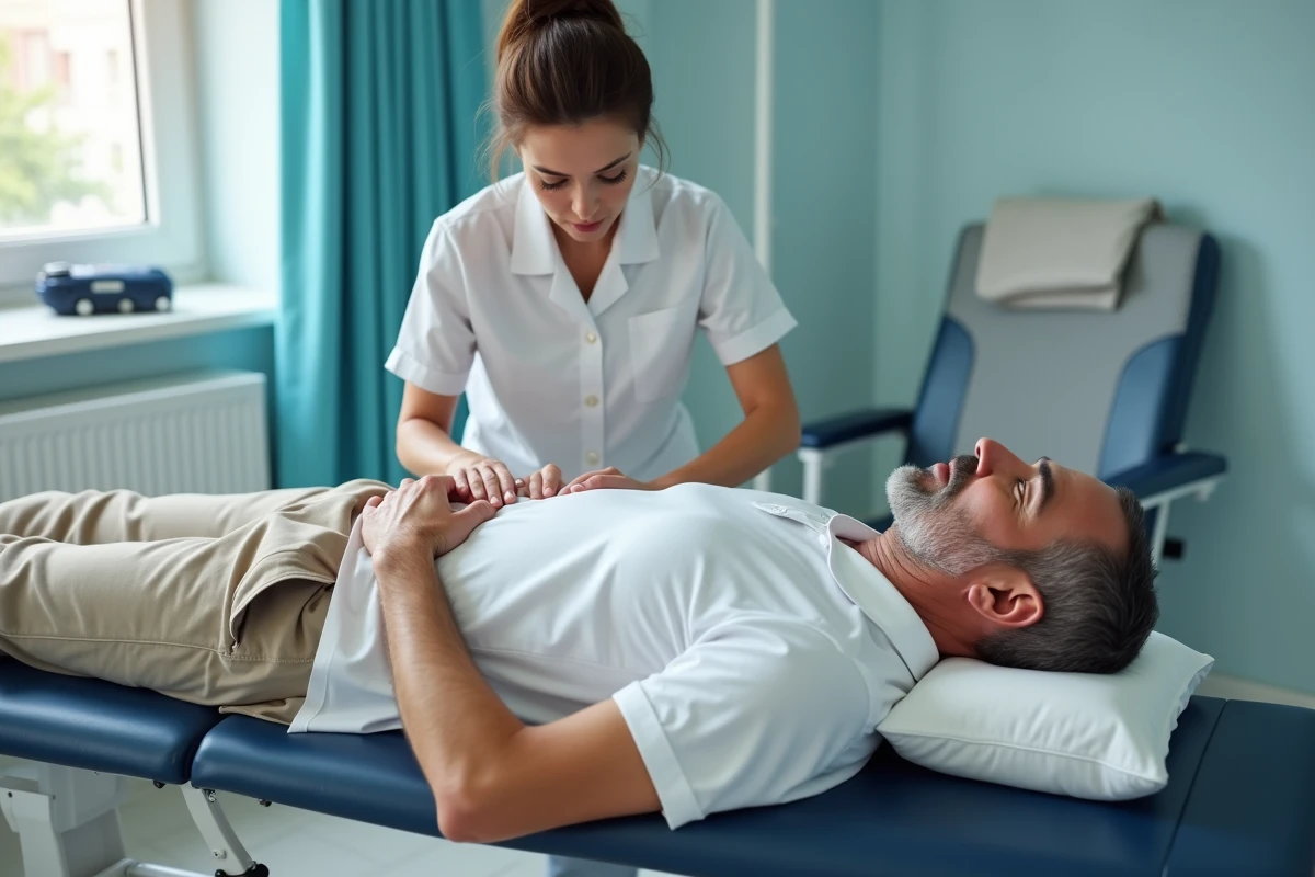 Kinésithérapeute évaluant la zone sacro-iliaque d'un patient allongé sur une table de traitement pour douleur haut des fesses
