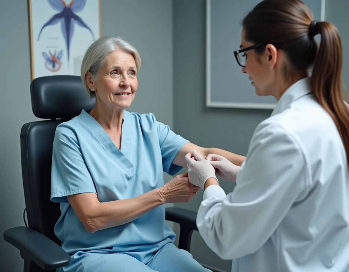 Médecin examinant le bras gauche d'une patiente lors d'une consultation médicale pour douleur musculaire