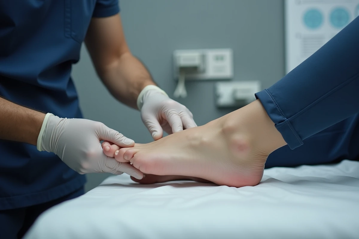 Professionnel de santé examinant le côté externe du pied d'un patient lors d'une consultation médicale pour douleur du nerf sural
